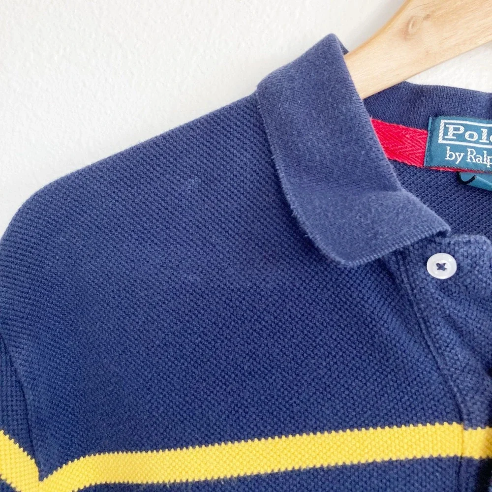 Vintage Polo Ralph Lauren Rugby Polo Shirt Mens L Blue Stripe Cotton Pique